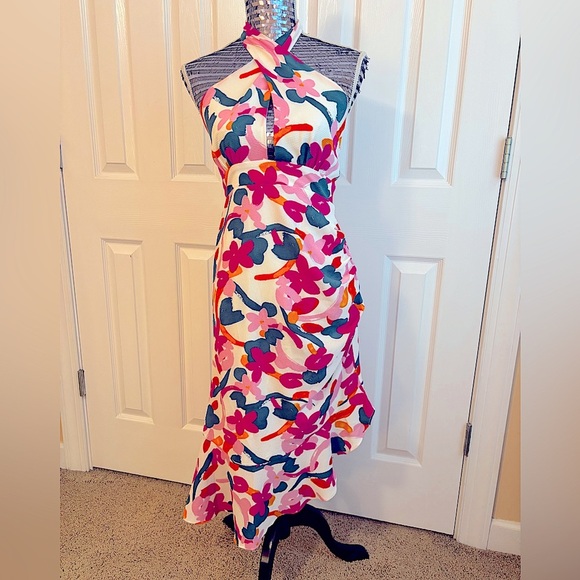 NWT Sugarlips Monet Floral Asymmetrical Ruched Midi Halter Dress | Size Small - Picture 1 of 5